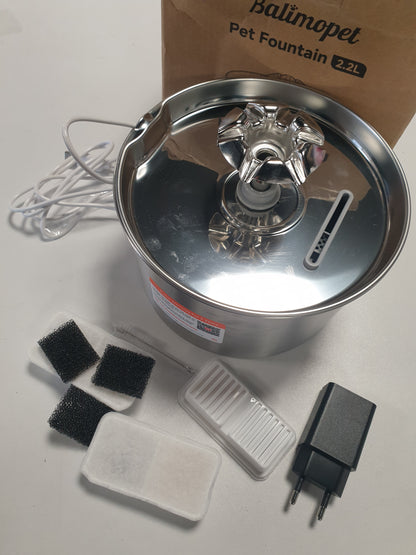 222301 - BALIMOPET Shatërvan për mace prej çeliku inox, 2.2L me kabllo, filtrim i katërfishtë, ultra i qetë, i lehtë për t’u pastruar, me LED, 3 filtra dhe 3 sfungjerë