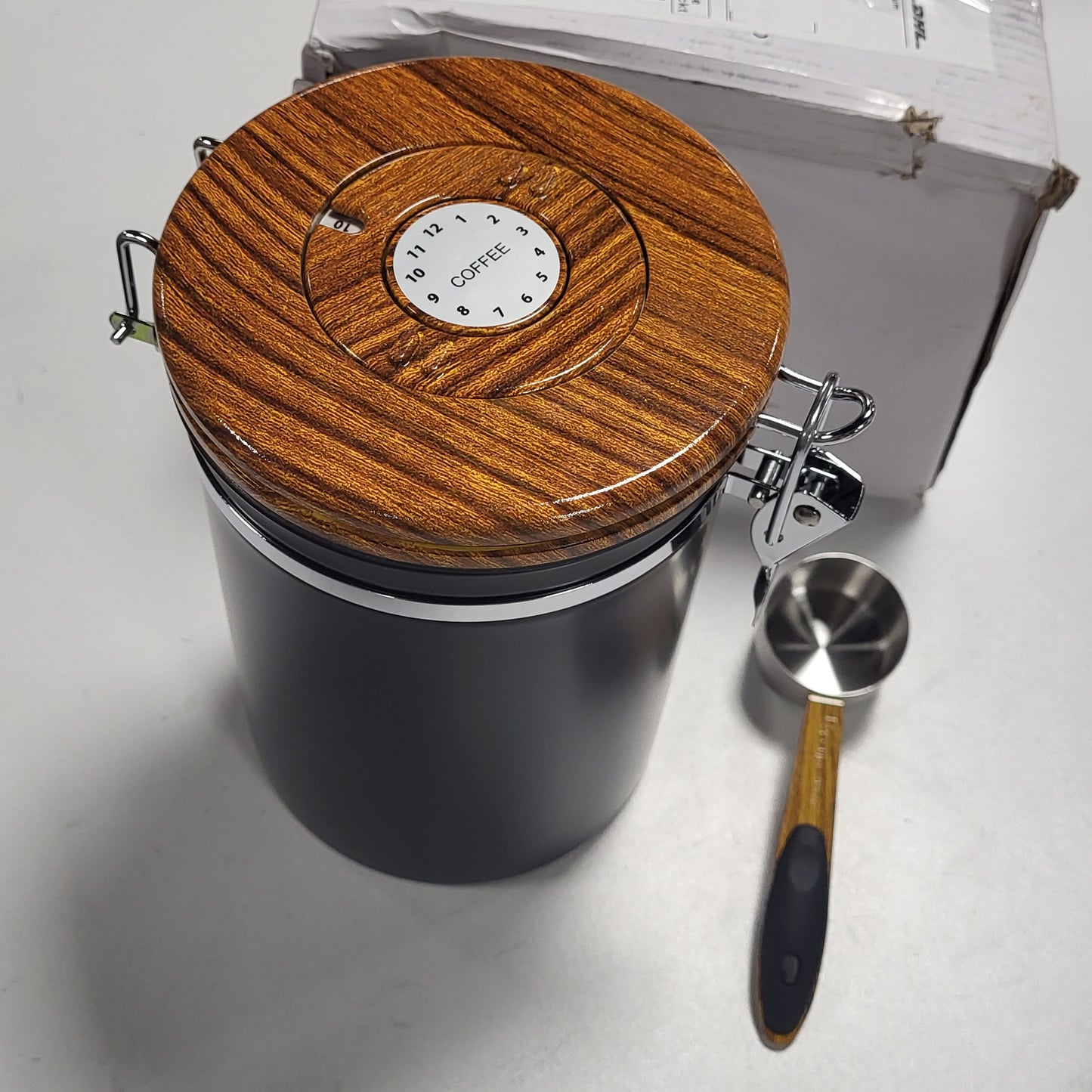 228335 - ROYOUZI Enë për kokrra kafeje, Çelik Inox 304, Valvul Dalëse, Enë për Ruajtje e Ripërdorshme me Lugë Matëse, Xham Vulës shumëfunksional, e Zezë