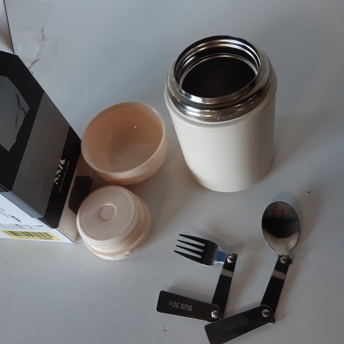 257619 - ENË USHQIMI E IZOLUAR TRANRANTIC 500ml, prej çeliku inoks, filxhan termosi, me lugë dhe pirun, shishe termosi e papërshkueshme nga hidhet, kuti dreke termosi, ngjyra: e bardhë
