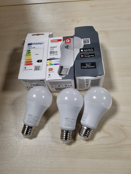 241466 - EMOS GoSmart Llambë LED RGB A60, Pako me 3, E27, 9W, 806lm, 20,000 Orë, WiFi, Google Home dhe Alexa