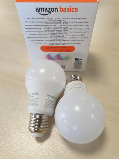 219264 - Amazon Basics Llambë LED inteligjente, që ndryshon ngjyrë, E27, 8W (ekuivalente me 60W), funksionon vetëm me Alexa, pako me 2, shumëngjyrëshe
