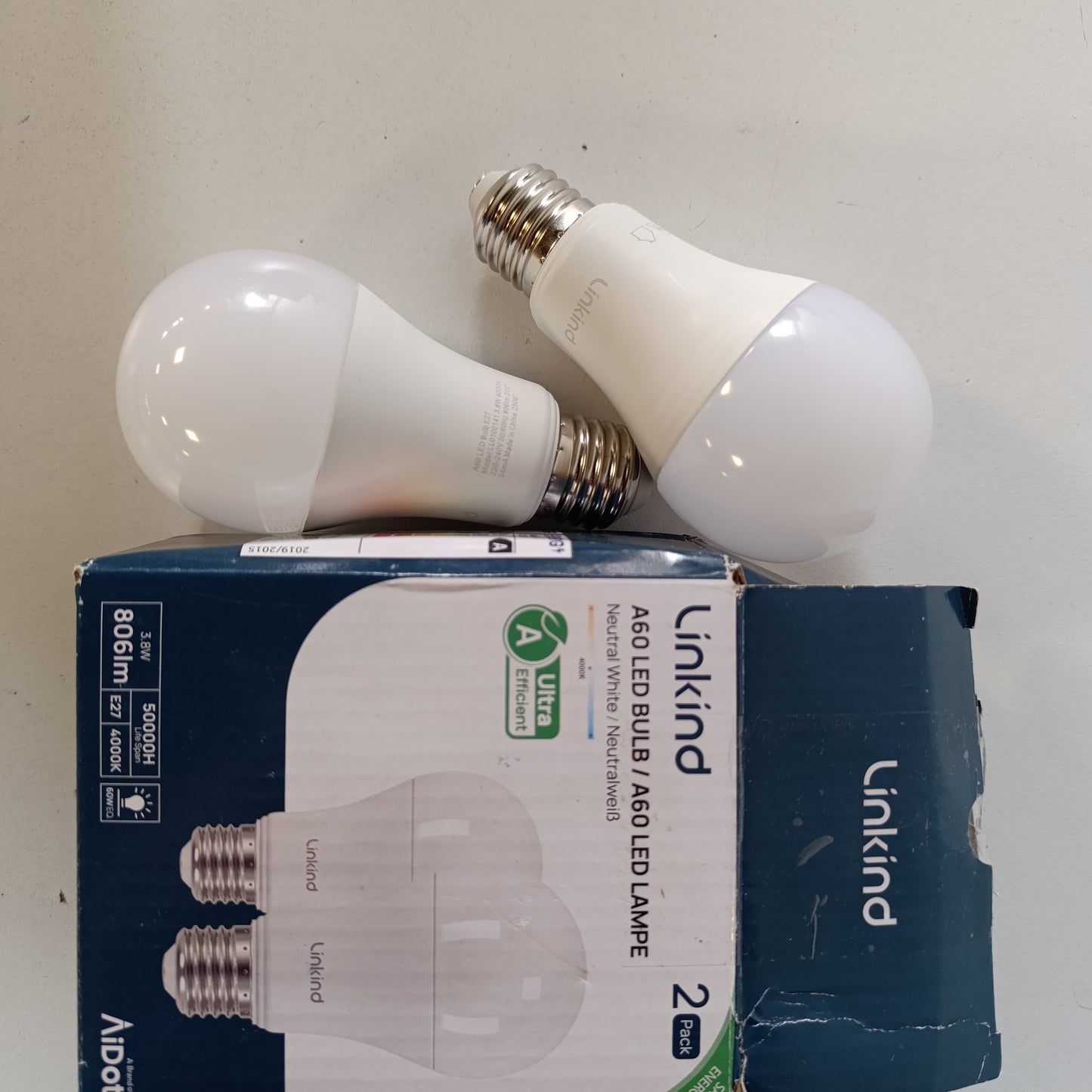186504 - LINKIND Llambë LED E27 Edison, 3.8W = 60W, 4000K e Bardhë Neutrale, 806lm, Llambë A60 në 220°, Jetëgjatësi 50,000 Orë, Mat, Pako me 2