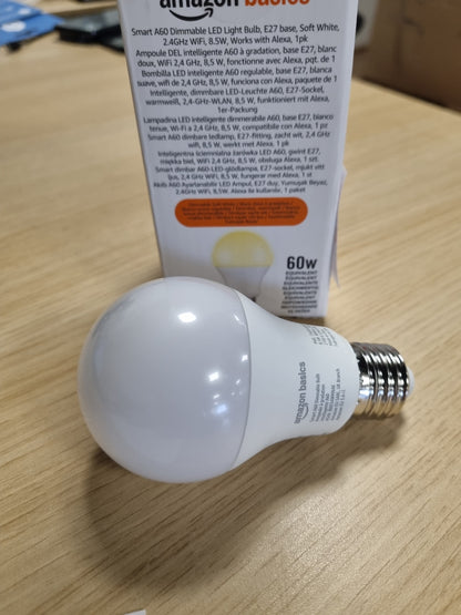 186332 - AMAZON BASICS Llampa LED Inteligjente E27 me Errësim, E Bardhë e Butë, 8W (Ekuivalent me 60W), Vetëm për Alexa, 1 Pako