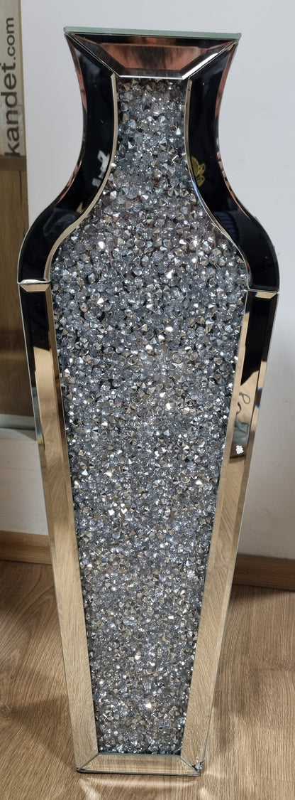 191087 - SHYFOY Vazo Dyshemeje e Madhe 68 cm e Lartë, me Pasqyrë, prej Qelqi me Diamante Kristali, Strukturë MDF, për Bimë Artificiale dhe Bar Pampas, Argjend