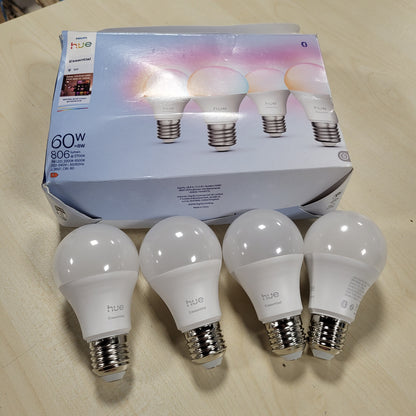 204203 - PHILIPS Llampa Inteligjente LED Hue Essential A60, Ambient Ngjyra dhe i Bardhë, E27, 8W, 2200-6500 K, 806 lm, Me Errësim, Pajtueshme me Alexa, Google dhe Apple Home, Pako me 4