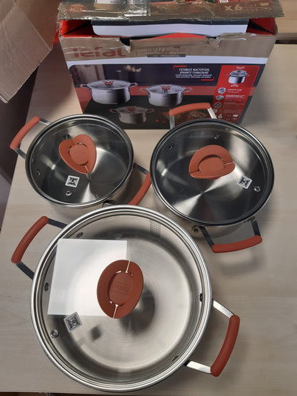 167328 - TEFAL Seti prej 3 Tenxhere të Argjendta Opti'Space + 3 Kapakë Qelqi, të çelikut inox, të Stivueshëm, Madhësia 18/20/24cm, të Pajtueshme me Induksion, Modeli G720S674