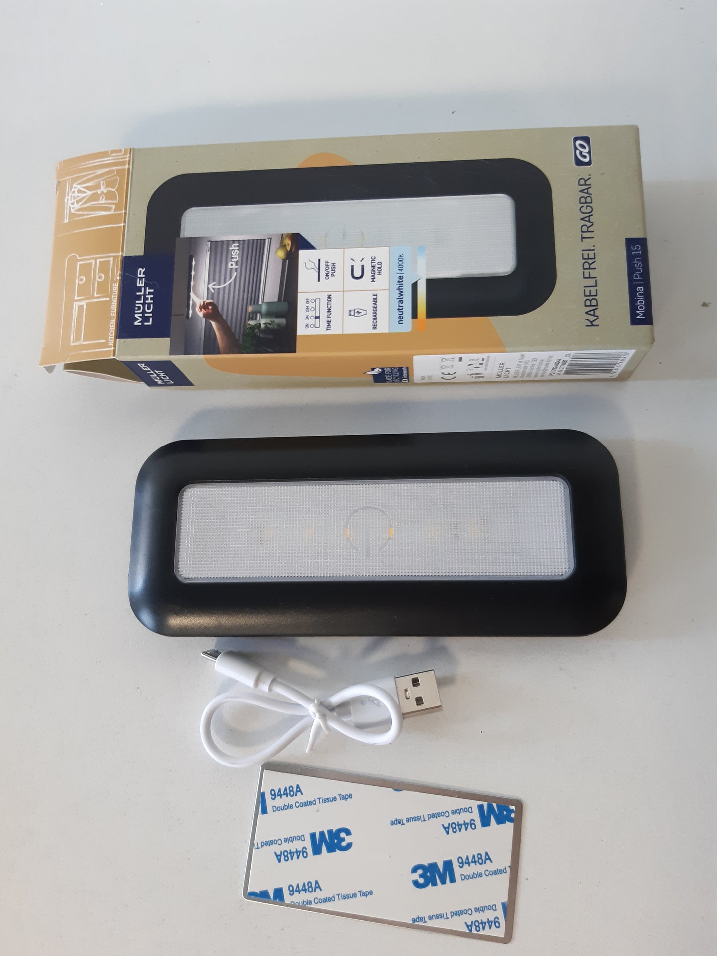 202209 - MÜLLER-LICHT Mobina Push Dritë Nate me 15 LED, Bateri e Rikarikueshme nga USB, Dritë Orientuese, Gjatësi 15cm, E Bardhë Neutrale 4000K, Fuqi 1.5W, Vetëngjitëse, Material Plastike, E Zezë