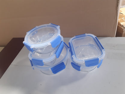 222343 - AMAZON BASICS Enë qelqi për ruajtjen e ushqimit, 14 copë, 7 enë dhe 7 kapakë, pa BPA, transparente me unazë silikoni blu