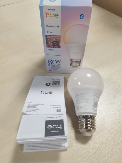 226183 - PHILIPS Llampa Hue Essential Smart LED A60, e bardhë dhe me ngjyra, prizë E27, 8 W, 2200 K–6500 K, 806 lm, pako me 1
