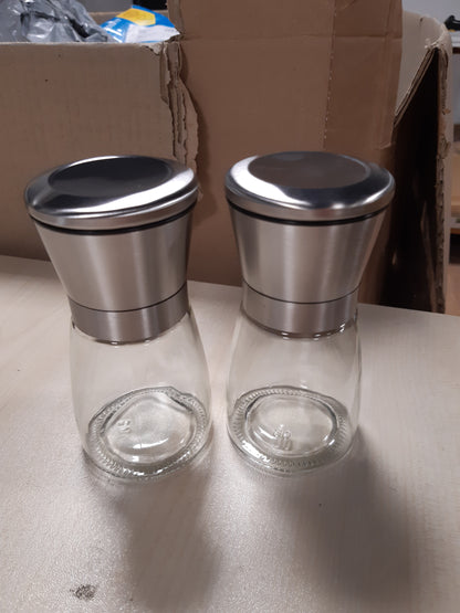 263227 - Set mulliri kripe dhe piperi 2 copësh, qelqi dhe çelik inox, mekanizëm bluarjeje qeramik të rregullueshëm