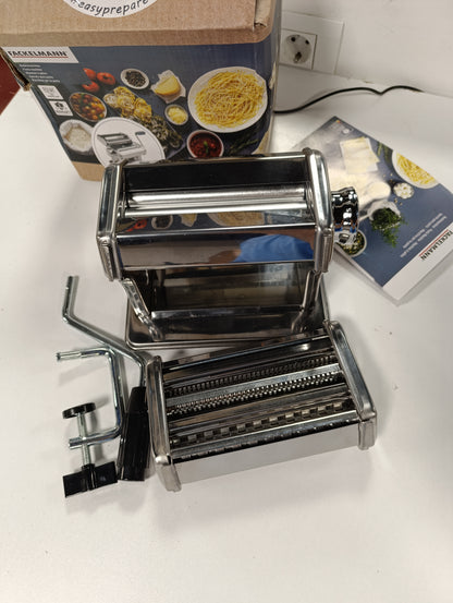 217560 - FACKELMANN Makinë makaronash #easyprepare për makarona të shijshme - aksesorë për fletë lazanjeje, tagliatelle dhe spageti - përfshin kapëse tavoline dhe bazë anti-rrëshqitëse, e bardhë/blu-gri