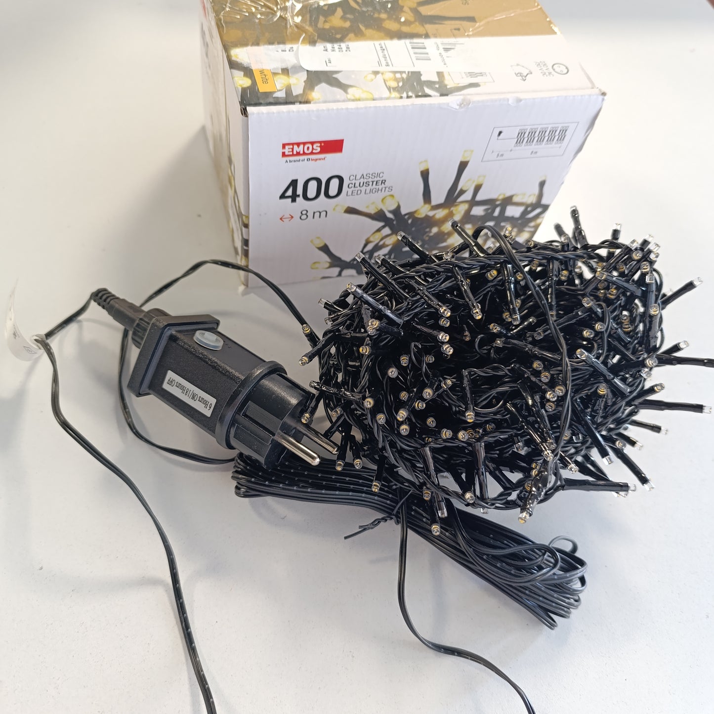 184547 - EMOS Drita LED me tela, të bardha të ngrohta, për përdorim të brendshëm dhe të jashtëm, 8 m gjatësi, IP44, 400 LED+ tel elektrik 5 m dhe furnizim me energji, kohëmatësi 6-orësh, për festa, dekorime Krishtlindjesh
