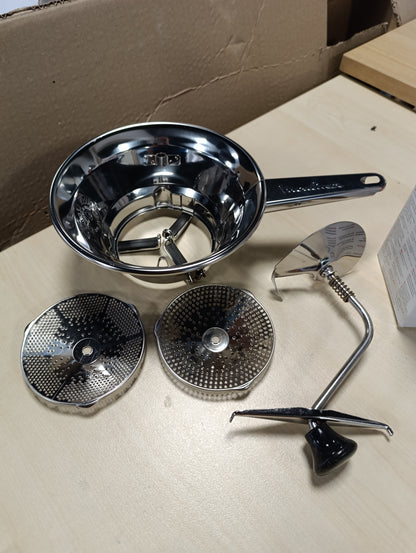 167758 - MOULINEX - Mulli Manual i Çelikut Inoks për Perime, Përfshin Dy Pllaka, Mund të lahet në Lavastovilje, E Përshtatshme për Pure, Supa dhe Komposto, Modeli A40106, Madhësi e Vogël