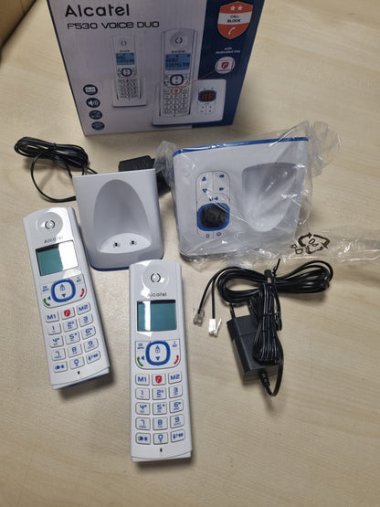 266358 - ALCATEL F530 Voice Duo - Telefon pa tel DECT me sekretari sekretarie - Ekran i madh me ndriçim nga prapa - Pa duar - Funksion bllokimi thirrjesh - 2 taste thirrjeje të shpejta - 2 aparate - E bardhë/Blu