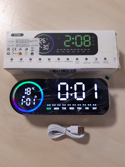 210263 - VINABO Orë Dixhitale me Zile, Dritë Nate me 7 Ngjyra, 4 Nivele Ndriçimi, Ekran LED i Madh për Temperaturën, Kontroll Zanor, Kohëzgjatje 12/24 Orë, Portë USB, Shtyrje, Memorje Fikjeje, Në Ngjyrë Të Zezë