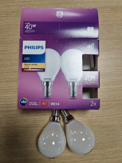 203090 - PHILIPS Llambat LED Classic E14, Pako prej 2 Llamba, Fuqi 40W, Llambat e Mbuluara me Acar me Dritë të Ngrohtë të Bardhë, Ndriçim LED Energji-Efikas, Jetëgjatësi e Madhe