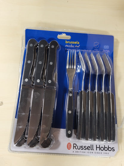 213501 - RUSSELL HOBBS Set thikash dhe pirunësh për biftek me 24 pjesë - Shërbim për 6, Thika dhe pirunj të mprehtë me tehe të dhëmbëzuara prej çeliku inox