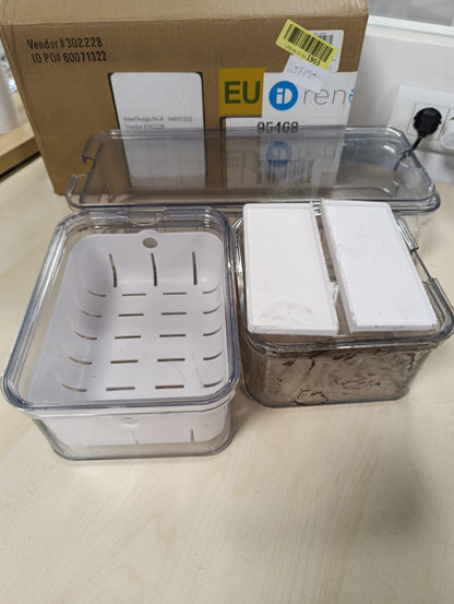 251130 - iDesign Kuti Ruajtjeje, Organizues Frigorifer me Kapakë, Set prej 3, Plastikë e Ricikluar, Transparente dhe të Bardha