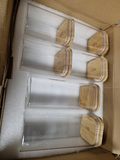 199148 - KIVY Kavanoza Katrorë Ruajtjeje prej Qelqi, Set prej 12 copësh, me Kapakë Bambu, Hermetike, të Vendosshme në Njëra-Tjetrën, përfshinë Etiketa