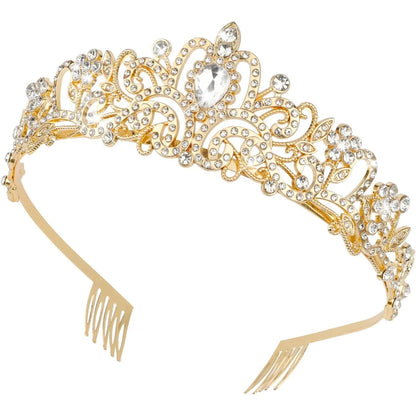 225131 - KOMUNJ Kurorë për Femra, Tiara Nusërisë, me Gurë Diamanti, për Dasma, Karnaval, Festë (Artë)